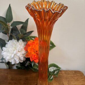 Fenton Rustic Marigold Carnival Glass Vase Candy Ribbon Edge‎ Large Vintage